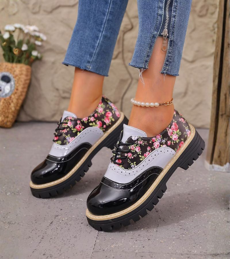Zapatos Oxford de mujer con estampado floral y suela gruesa
