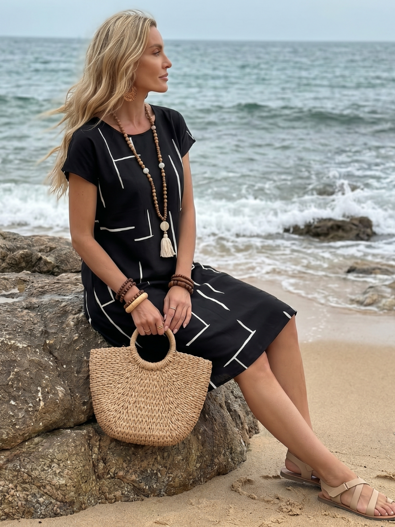 Vestido midi mujer algodón lino estampado geométrico escote V casual verano