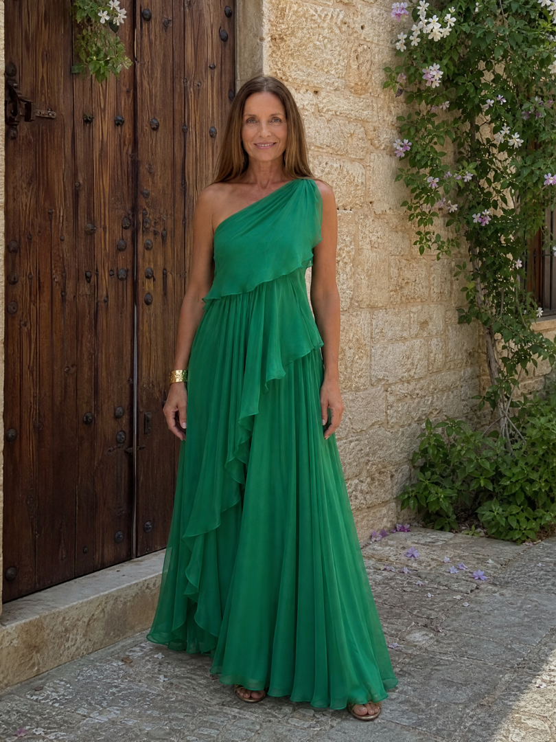 Vestido maxi asimétrico para mujer con volantes