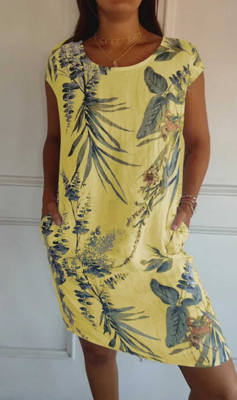 Vestido mujer fluido con estampado vegetal y bolsillos