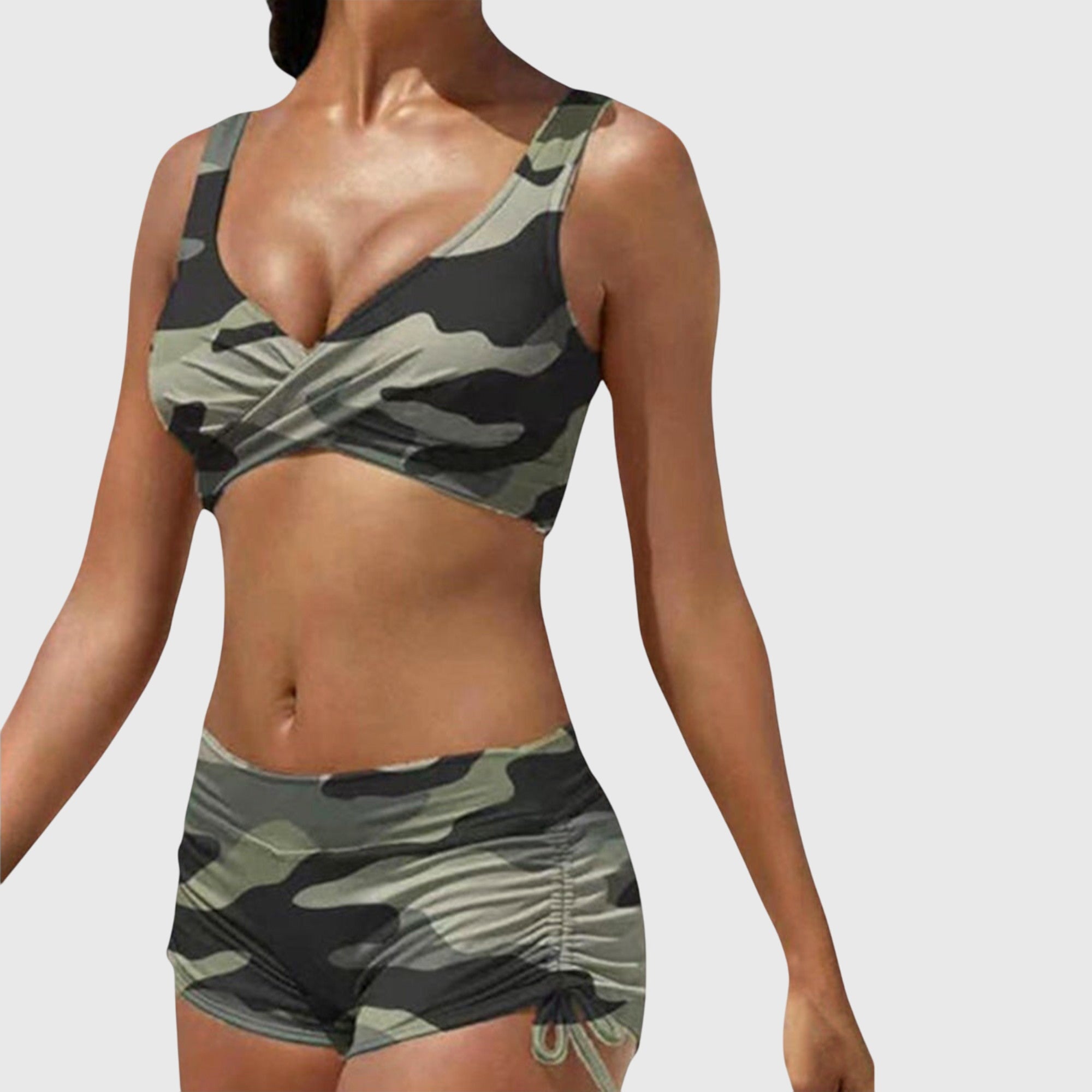 Bikini mujer dos piezas estampado camuflaje top cruzado shorts fruncidos playa