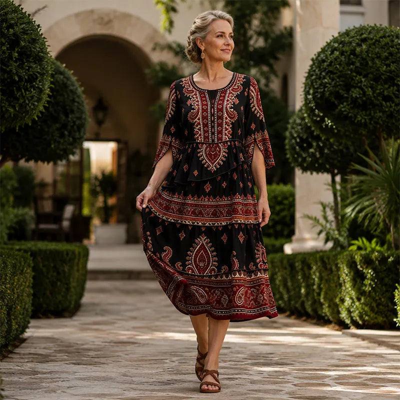 Vestido bohemio mujer con volantes y estampado étnico