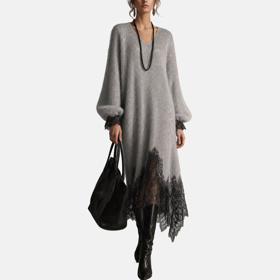 Vestido de punto para mujer con escote en V y detalles de encaje