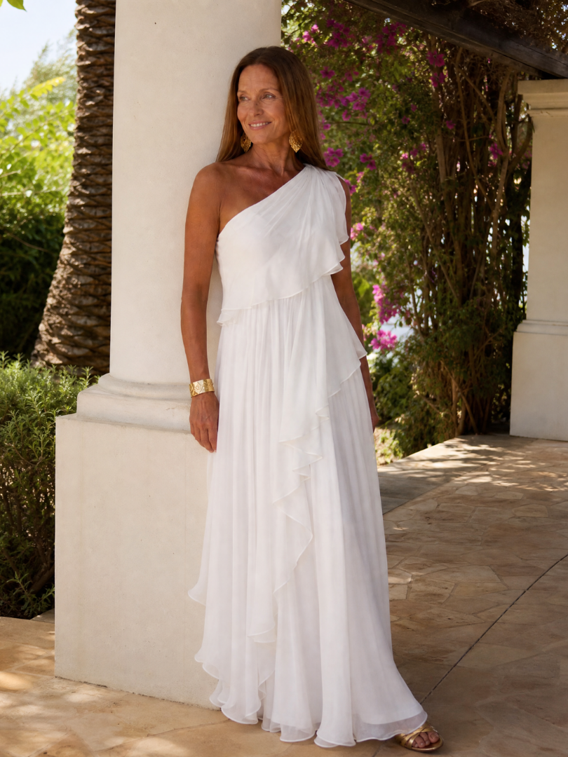 Vestido maxi asimétrico para mujer con volantes