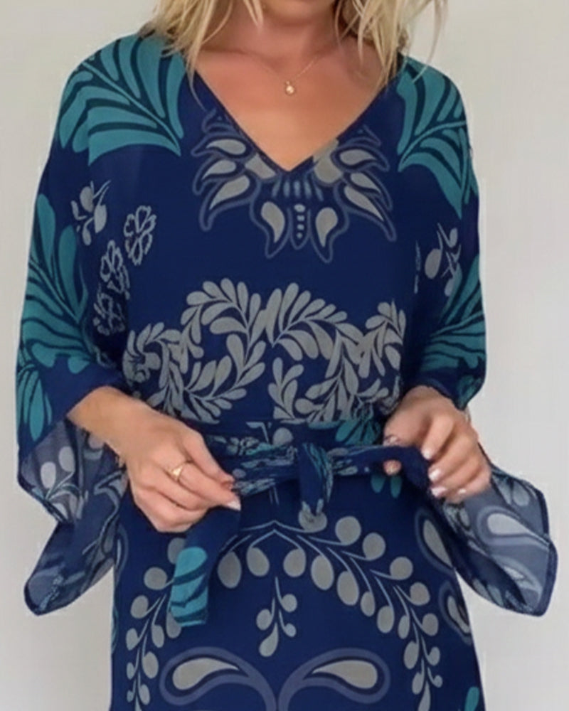 Vestido bohemio mujer maxi estampado hojas fluido elegante