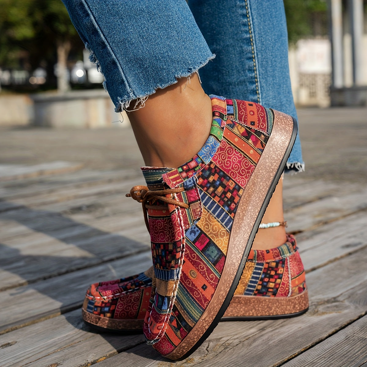 Zapatillas casuales de mujer con patchwork y cordones ajustables