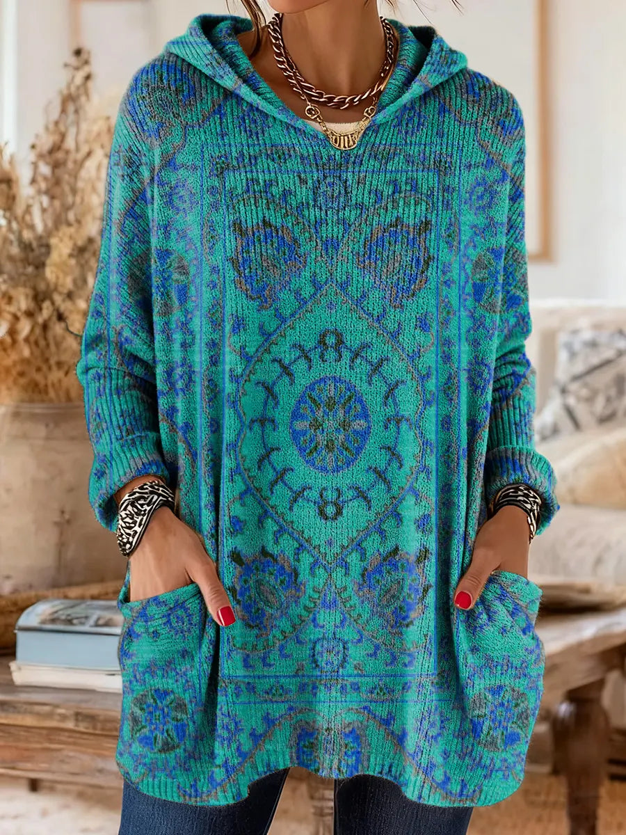 Túnica mujer con capucha retro estampada – cómoda y cálida