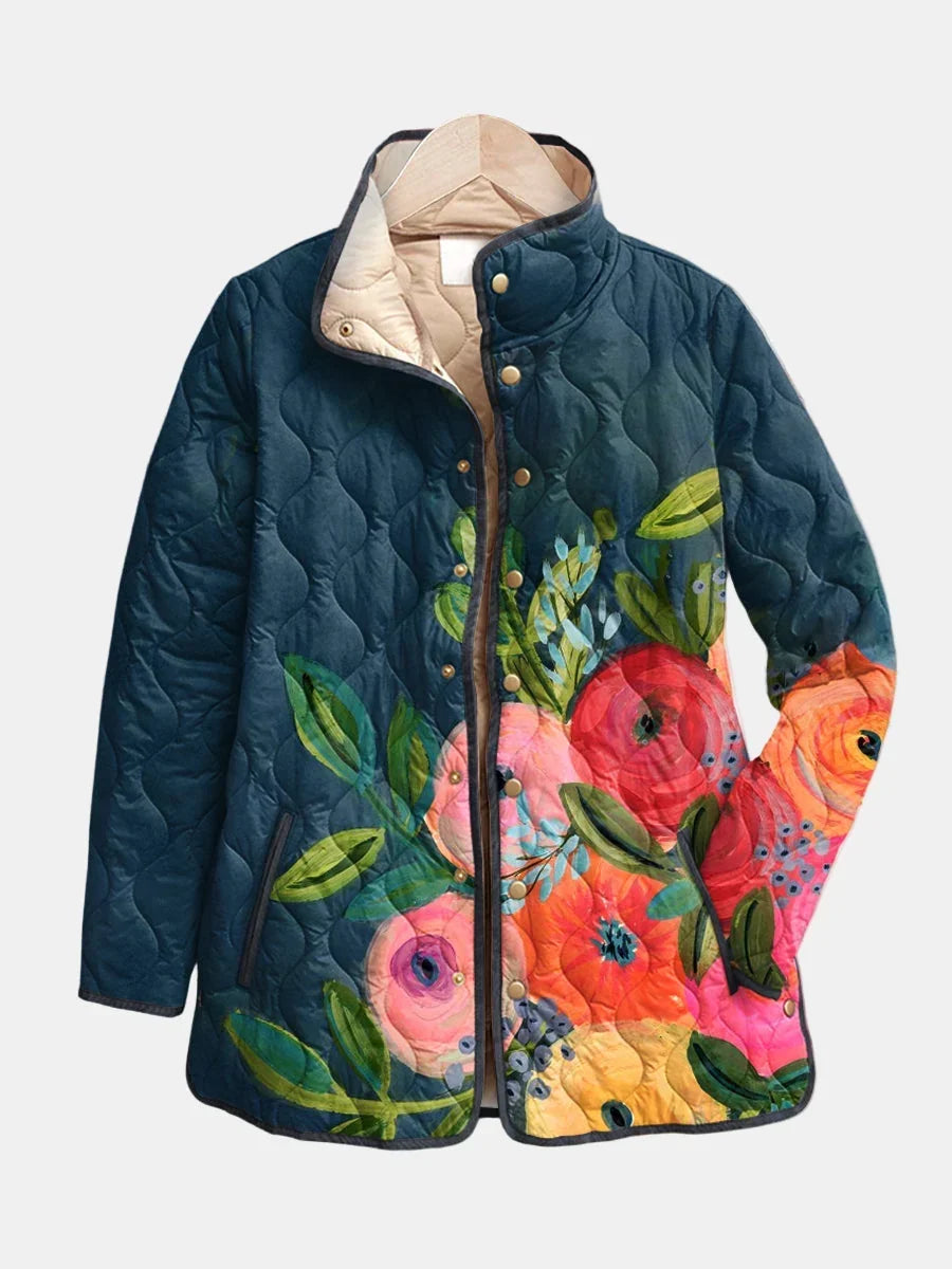 Chaqueta acolchada de mujer con estampado floral y corte recto