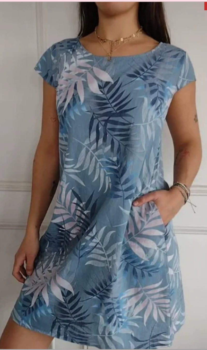 Vestido mujer fluido con estampado vegetal y bolsillos