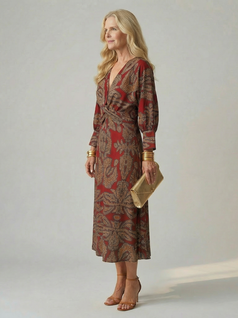 Vestido Midi Mujer Elegante – Corte Cruzado y Cintura Ajustada