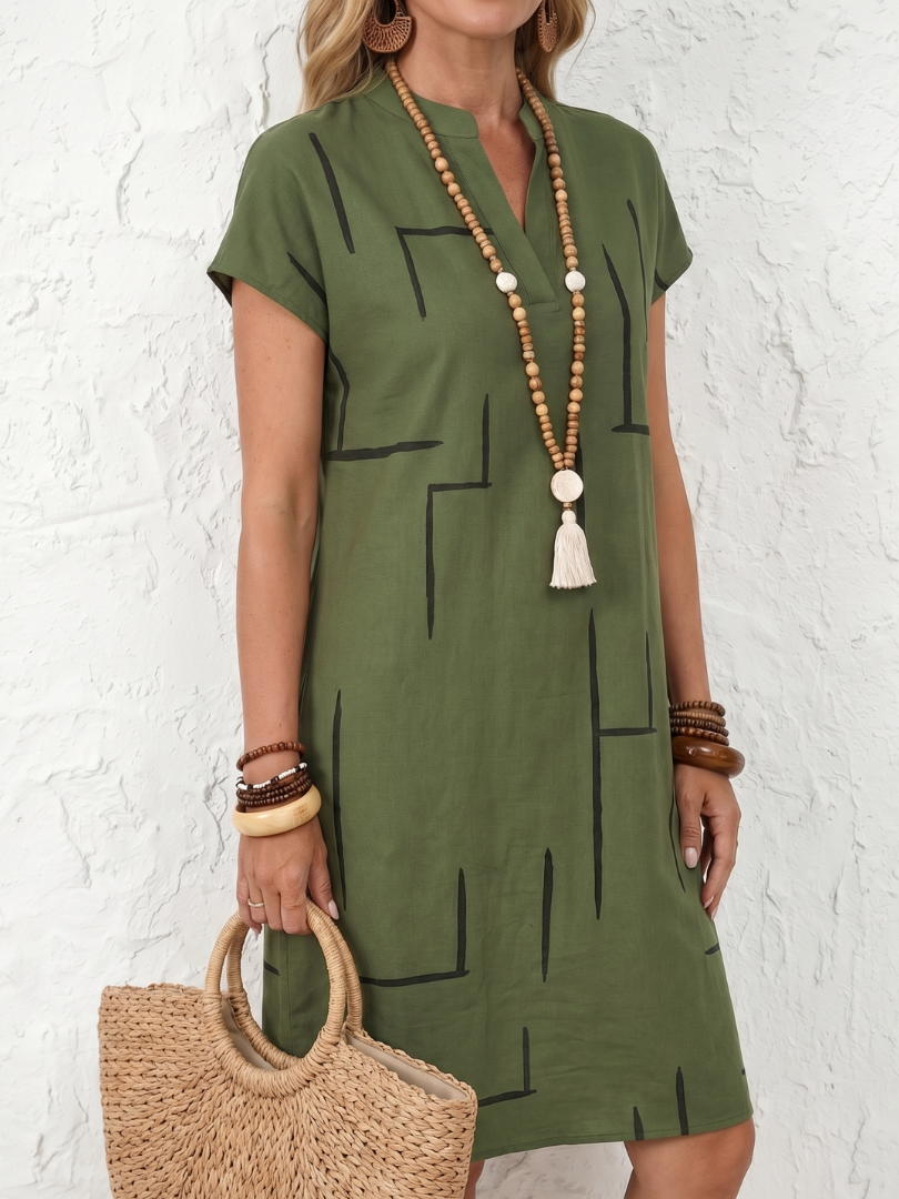 Vestido midi mujer algodón lino estampado geométrico escote V casual verano