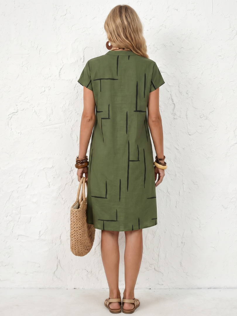 Vestido midi mujer algodón lino estampado geométrico escote V casual verano