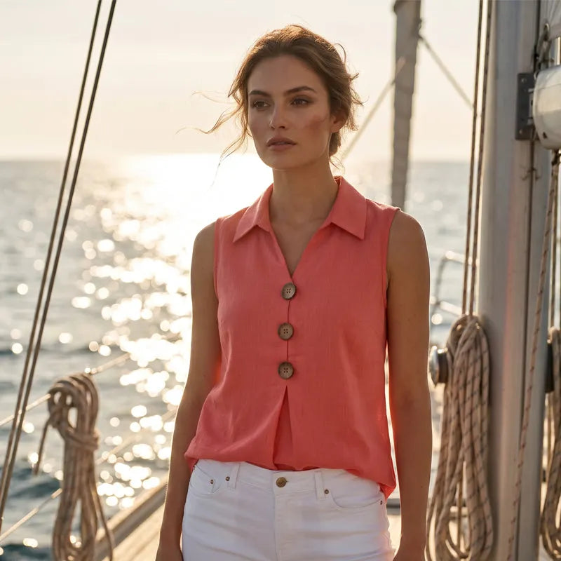 Camisa sin mangas mujer con cuello solapa y botones decorativos