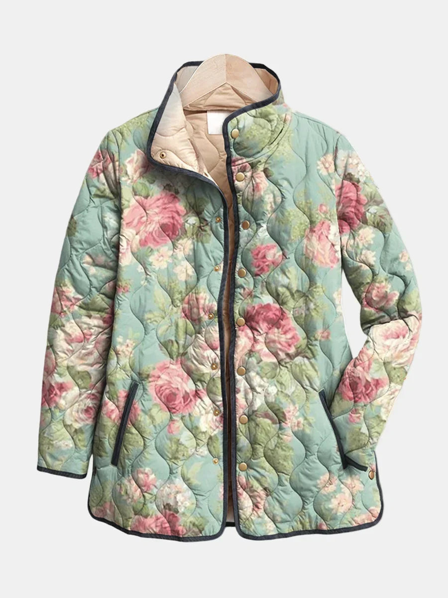 Chaqueta acolchada de mujer con estampado floral y corte recto