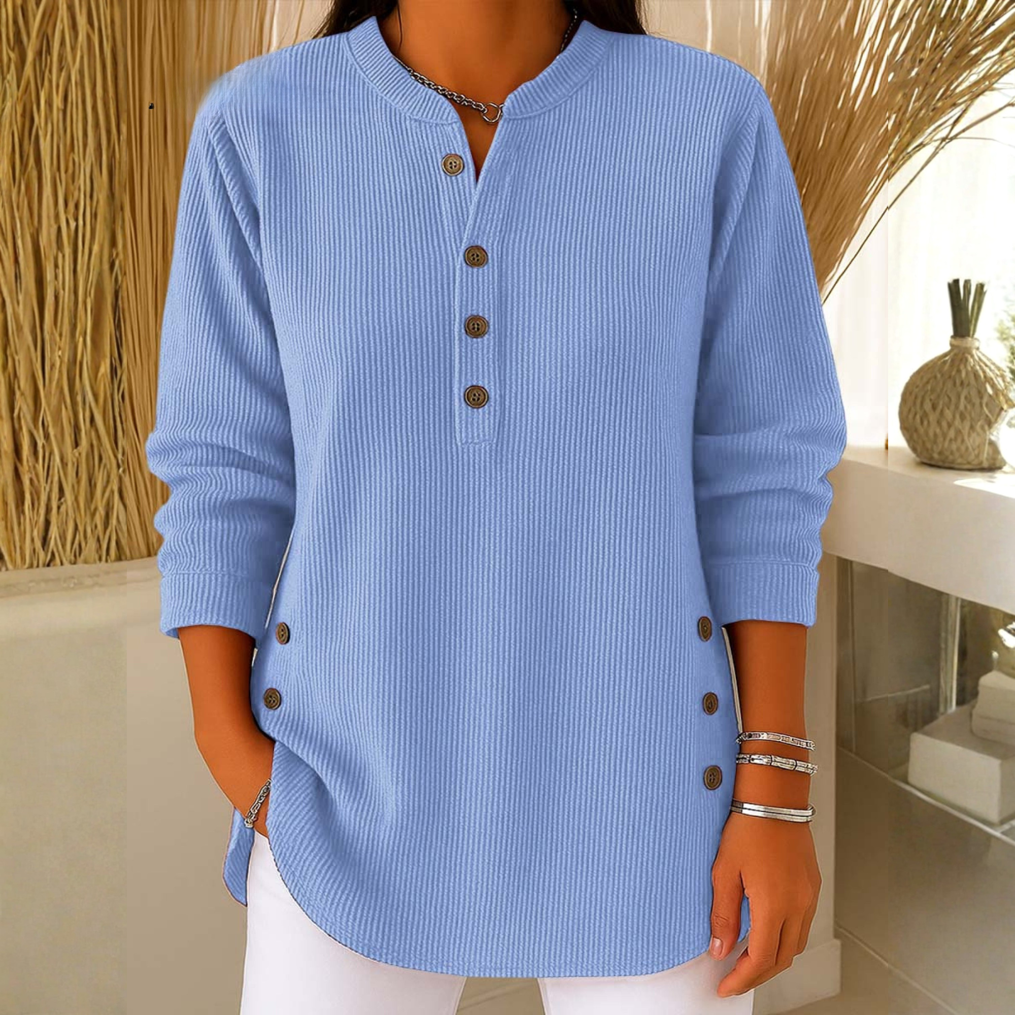 Sudadera Mujer Texturizada Con Botones – Suéter Casual De Manga Larga