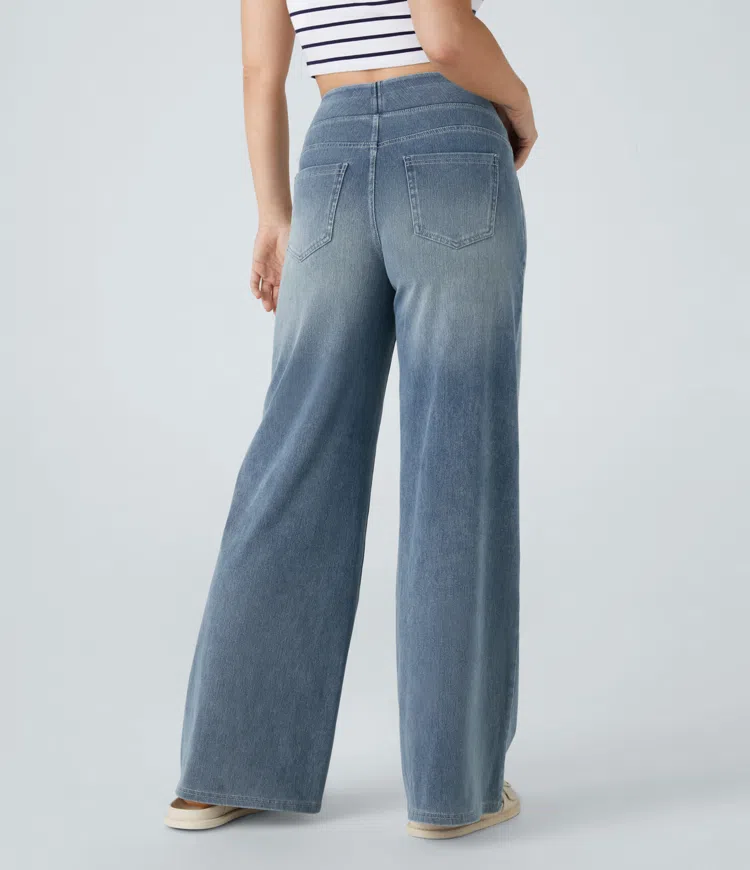 Jean mujer pierna ancha talle alto denim elástico moldeador casual moderno
