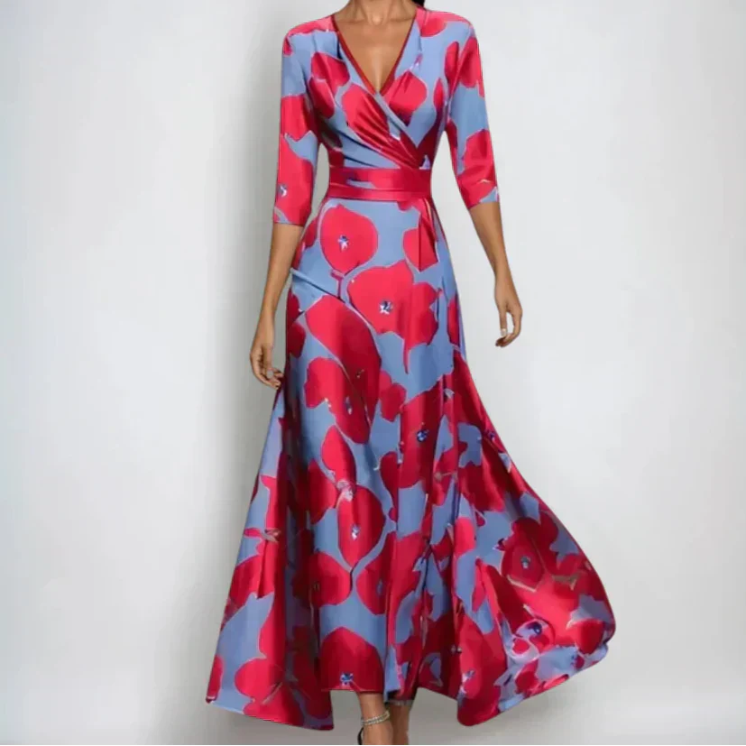Vestido Largo Mujer Floral Elegante – Escote V y Ajuste Envolvente