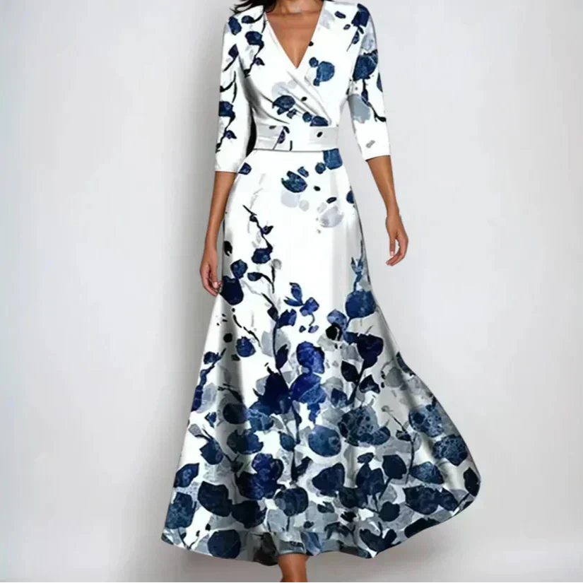 Vestido Largo Mujer Floral Elegante – Escote V y Ajuste Envolvente