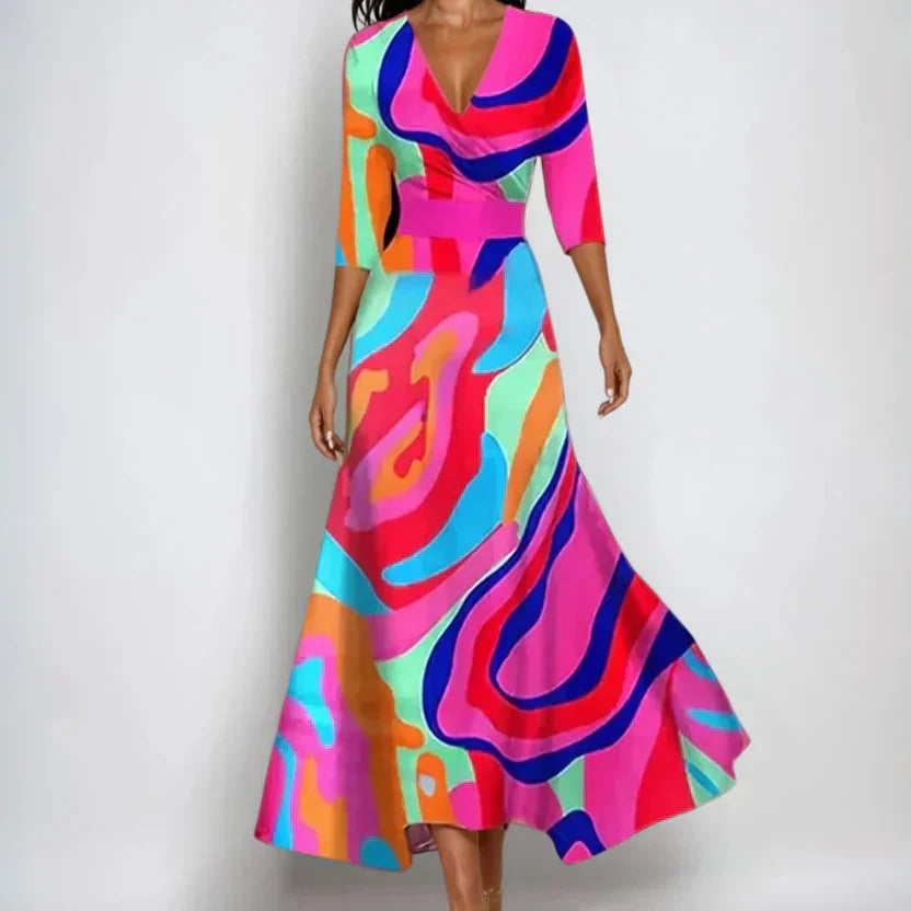 Vestido Largo Mujer Floral Elegante – Escote V y Ajuste Envolvente