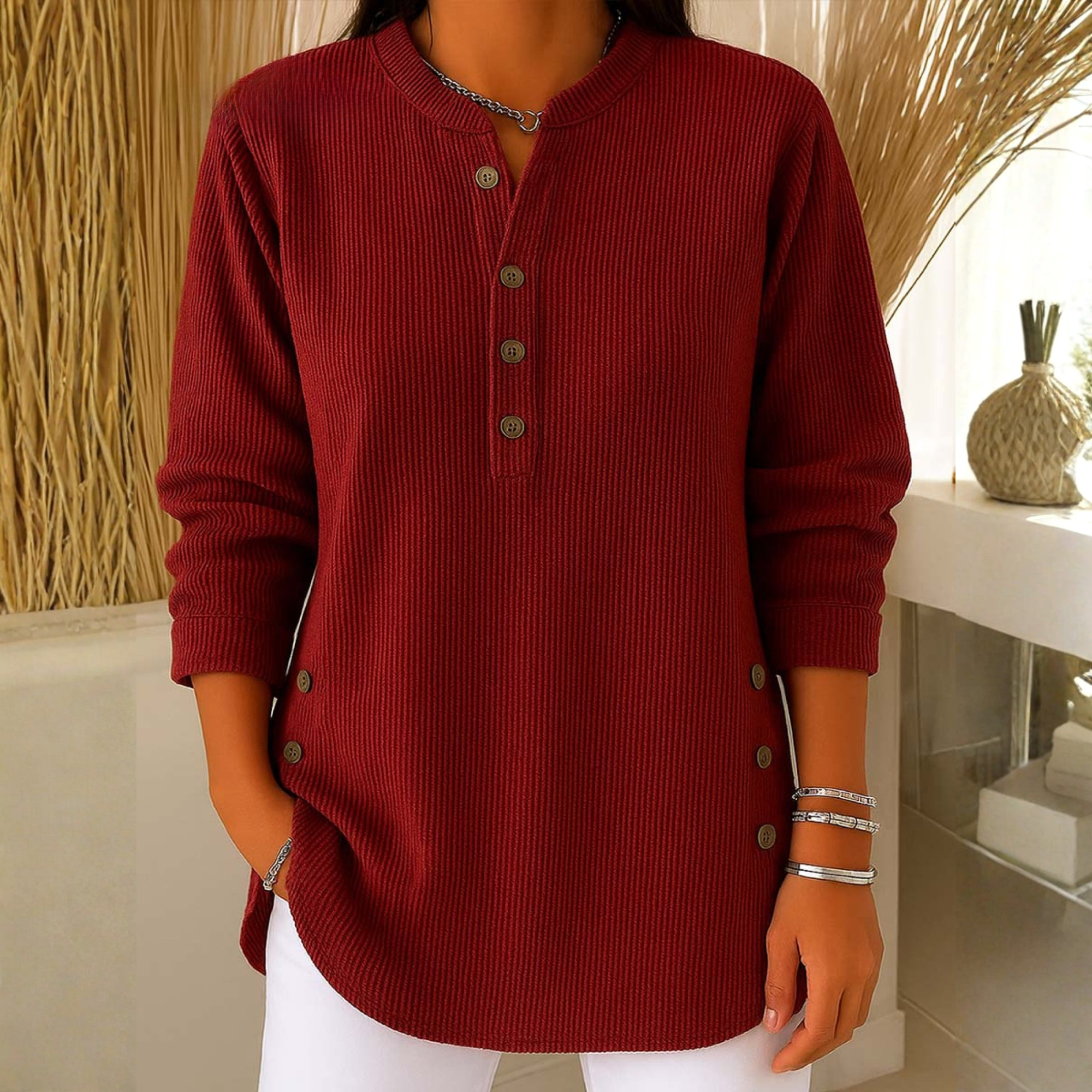 Sudadera Mujer Texturizada Con Botones – Suéter Casual De Manga Larga