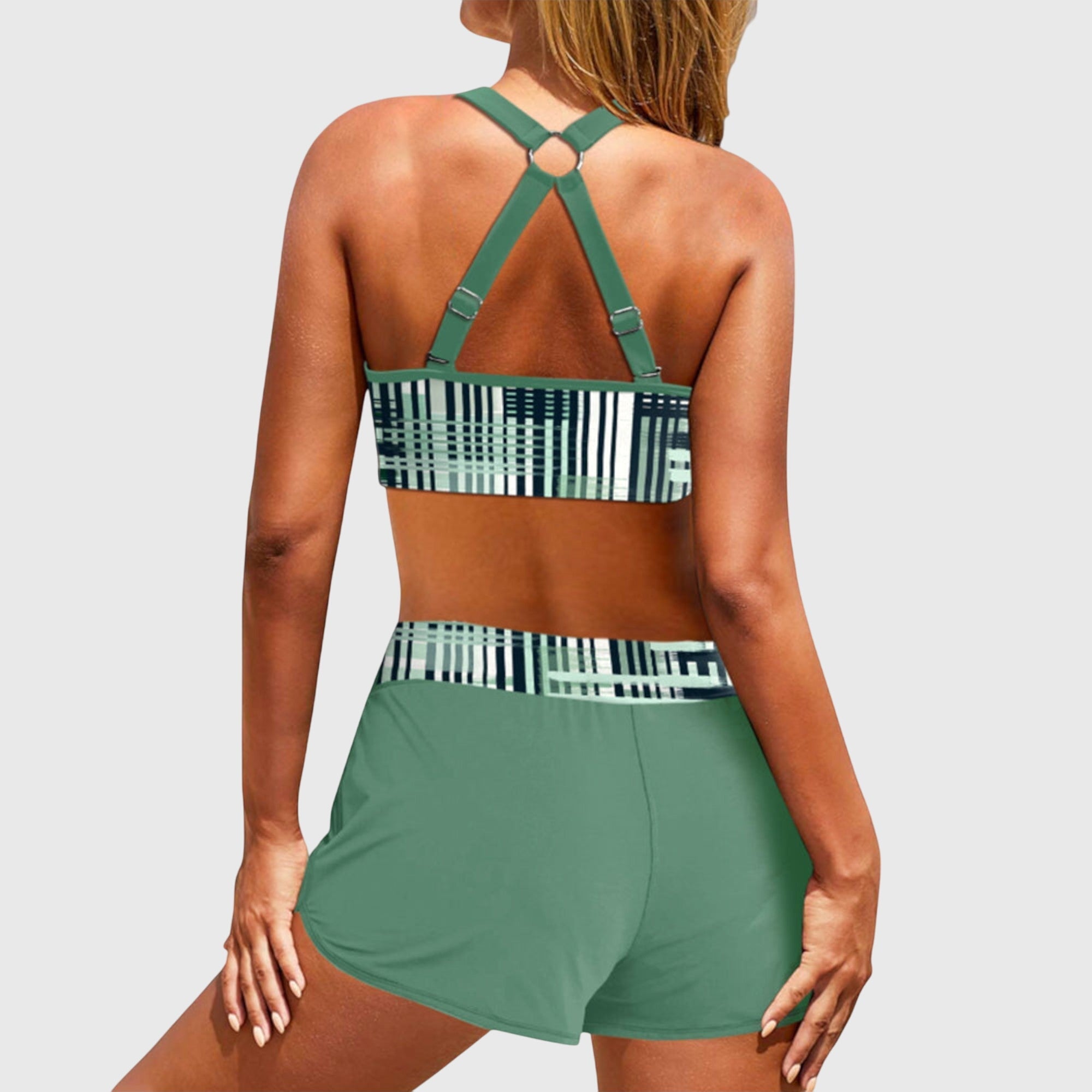Bikini mujer dos piezas top halter estampado rayas shorts cordón deportivo playa