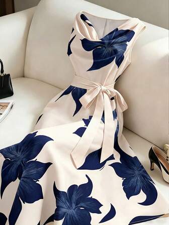 Vestido midi floral para mujer sin mangas con cintura atada