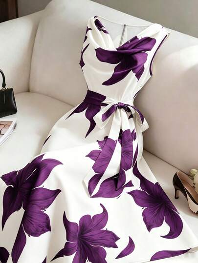 Vestido midi floral para mujer sin mangas con cintura atada