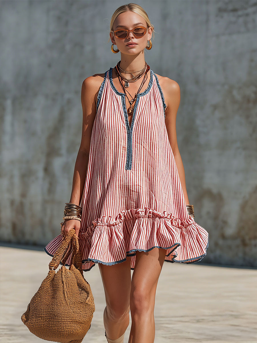 Vestido mini mujer halter de rayas con volantes estilo verano