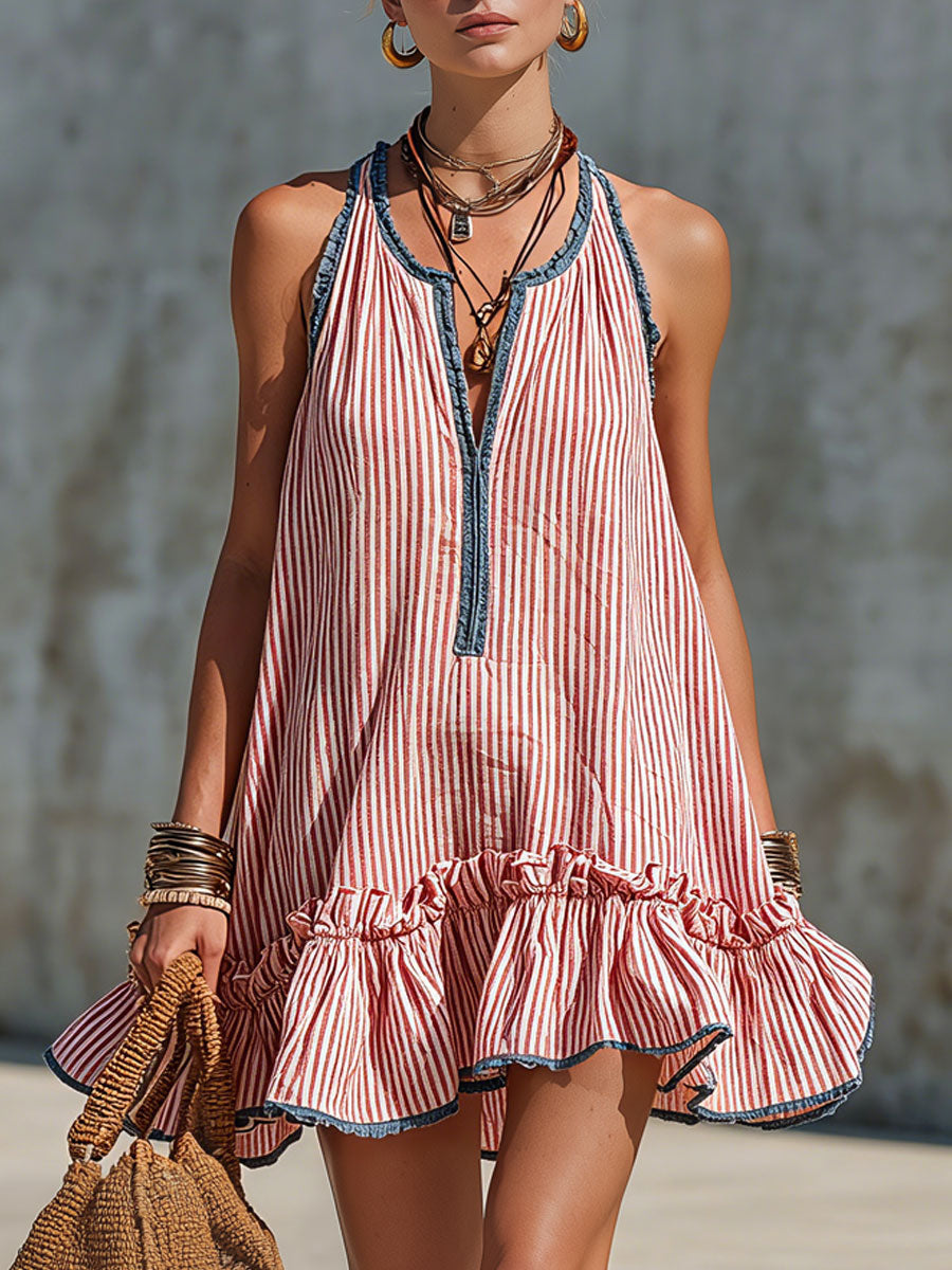 Vestido mini mujer halter de rayas con volantes estilo verano