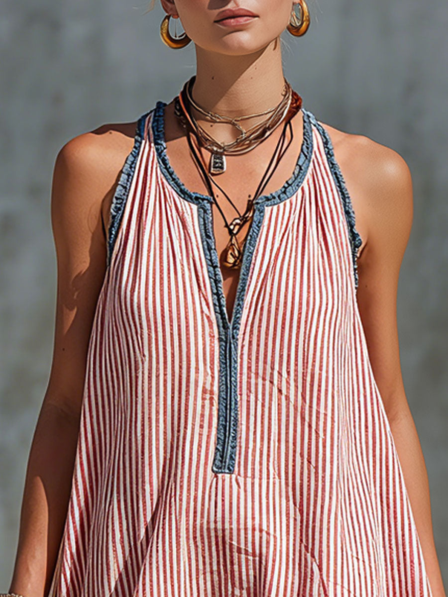Vestido mini mujer halter de rayas con volantes estilo verano
