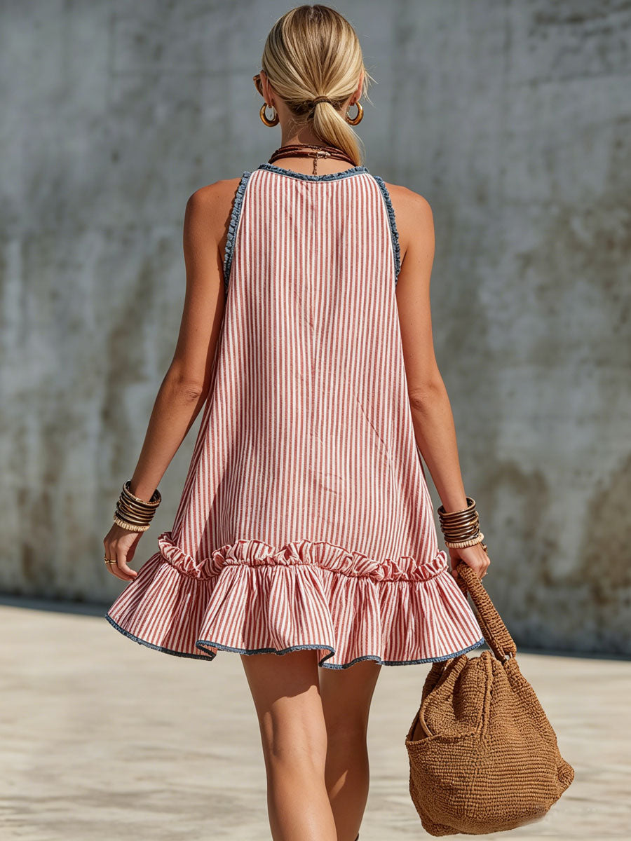 Vestido mini mujer halter de rayas con volantes estilo verano