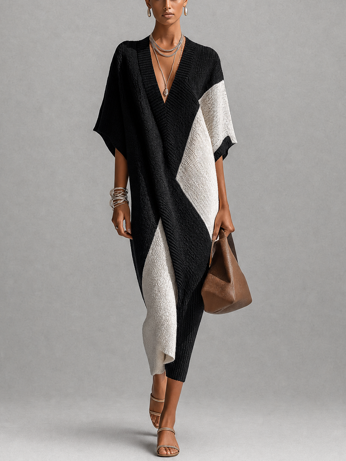 Vestido midi bicolor mujer con escote en V