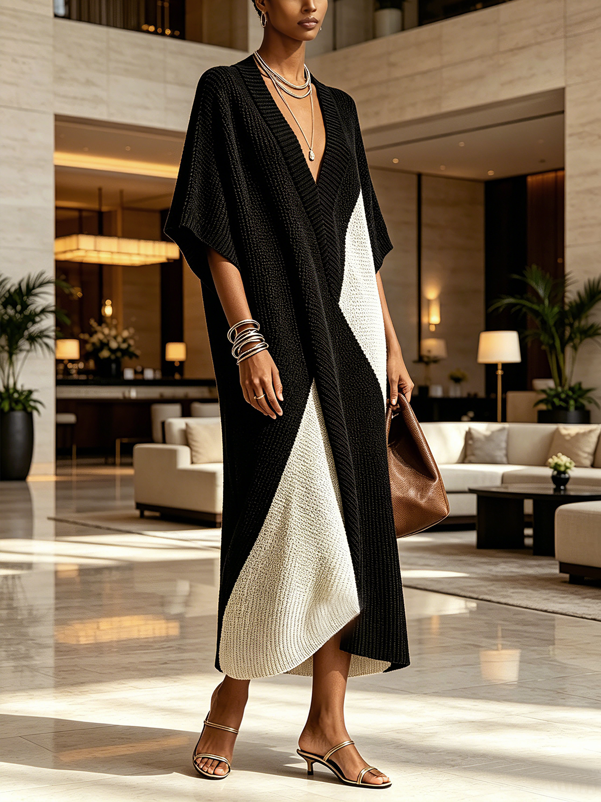 Vestido midi bicolor mujer con escote en V