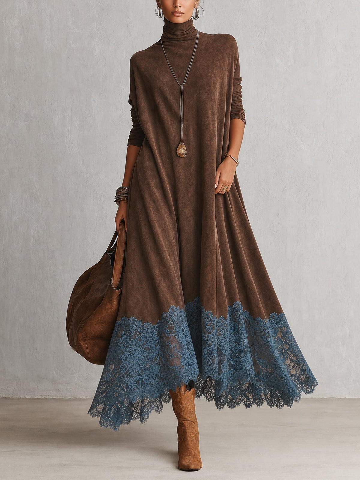 Vestido largo para mujer con cuello alto y bajo de encaje floral