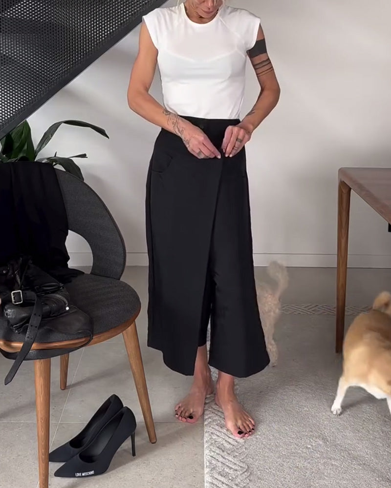 Pantalón mujer asimétrico de pierna amplia