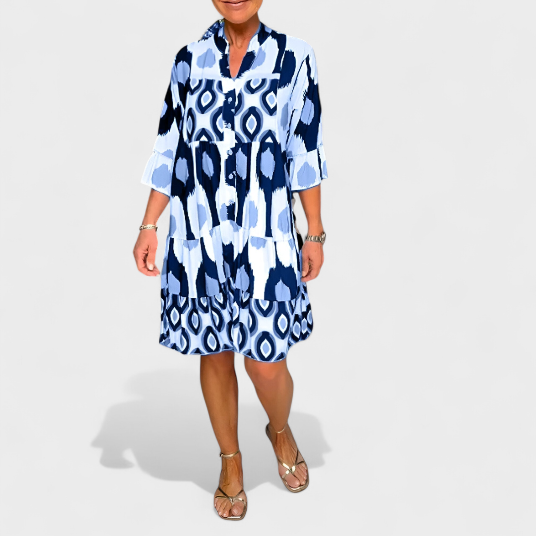 Vestido mujer amplio estampado ikat geométrico cuello V manga acampanada casual