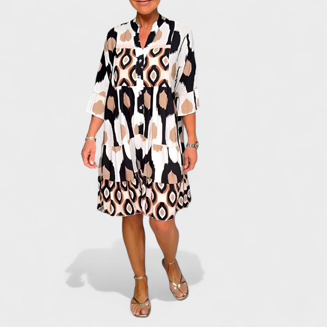 Vestido mujer amplio estampado ikat geométrico cuello V manga acampanada casual