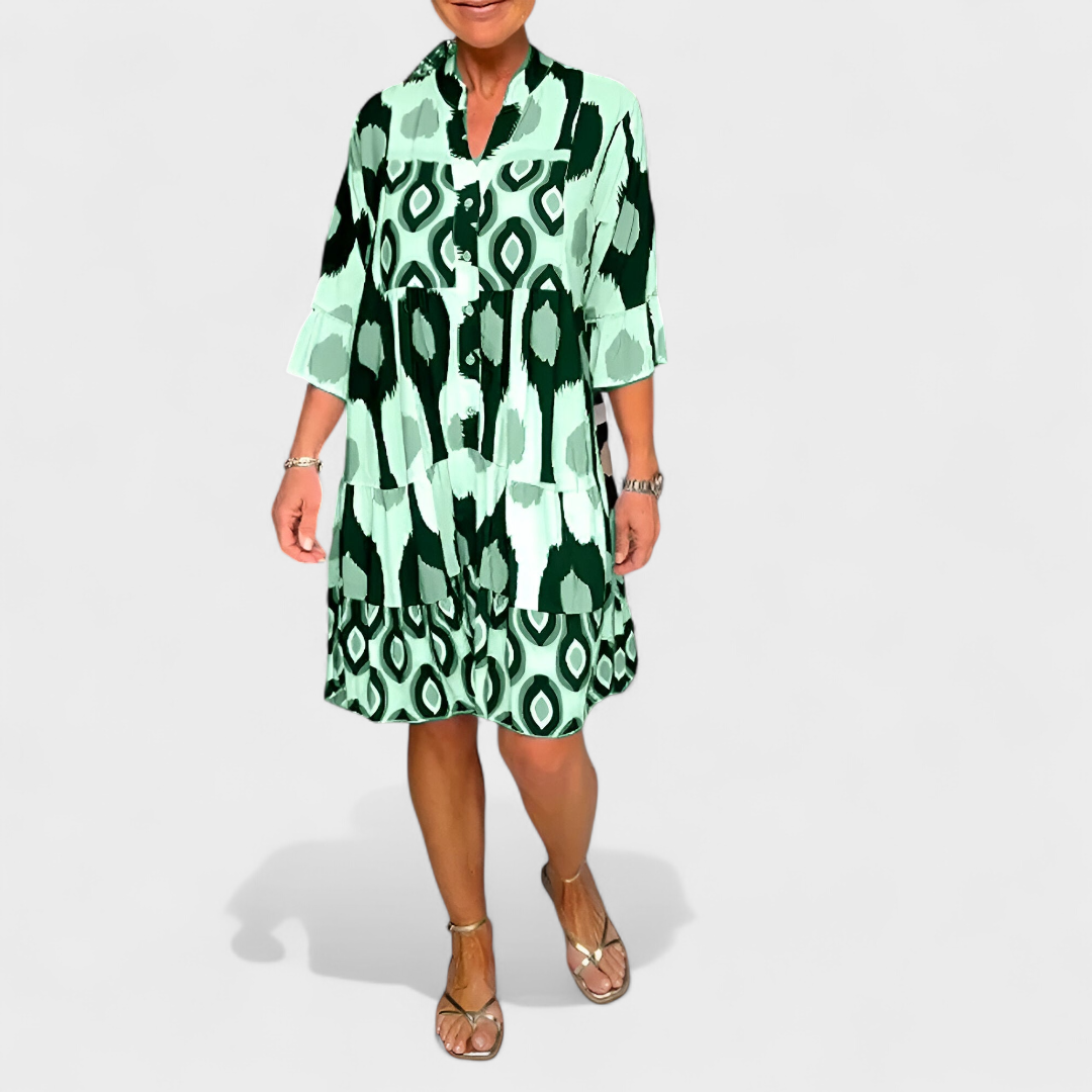 Vestido mujer amplio estampado ikat geométrico cuello V manga acampanada casual