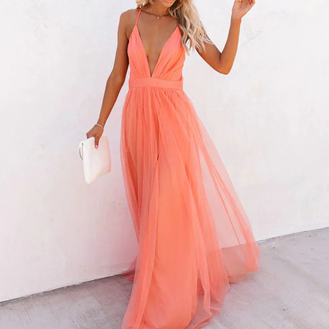 Vestido largo fluido mujer espalda descubierta – elegante verano