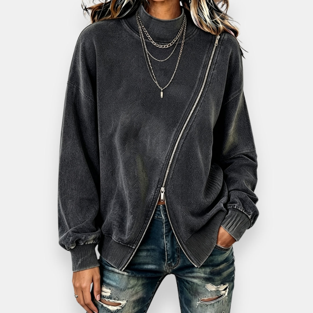 Sudadera oversize para mujer con cremallera diagonal y efecto vintage