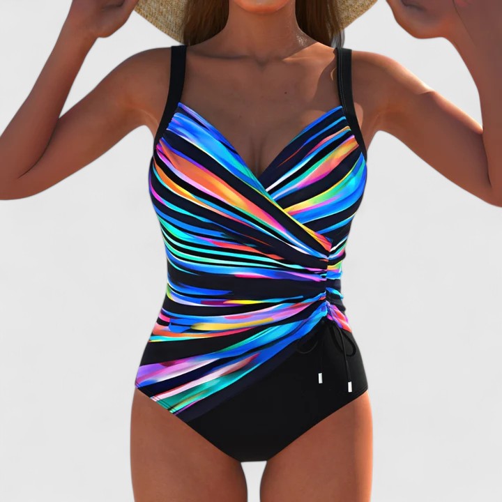 Bañador mujer una pieza cruzado rayas multicolores fruncido cordón moldeador playa