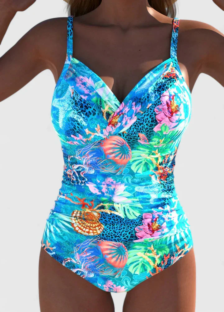 Bañador mujer una pieza tropical marino escote V moldeador