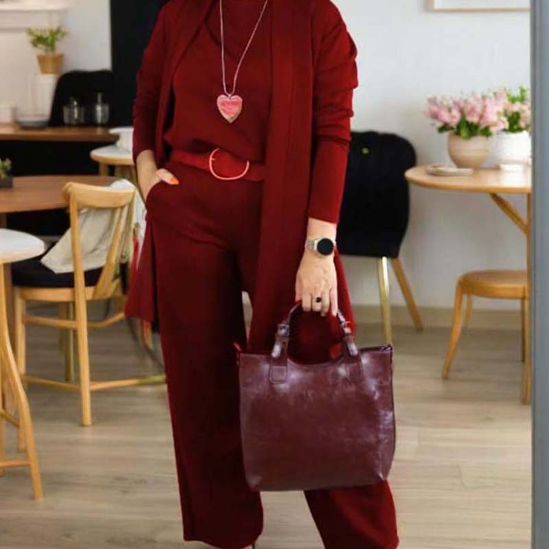 Conjunto tres piezas mujer con cárdigan largo elegante