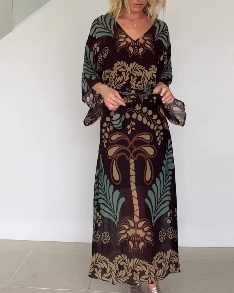Vestido bohemio mujer maxi estampado hojas fluido elegante