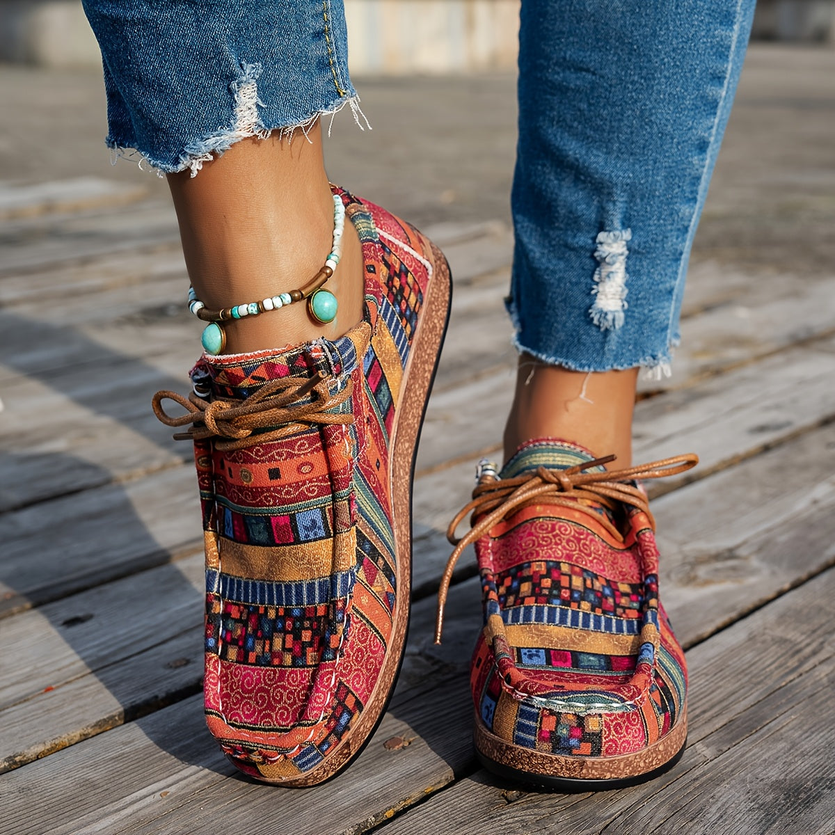 Zapatillas casuales de mujer con patchwork y cordones ajustables