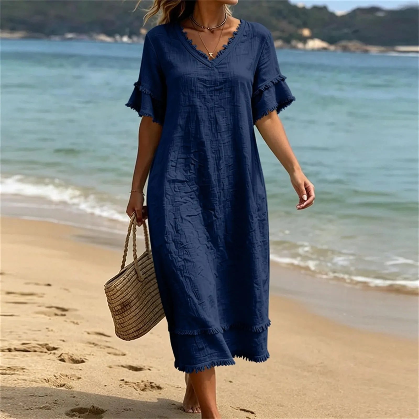 Vestido mujer bohemio con cuello en V y flecos