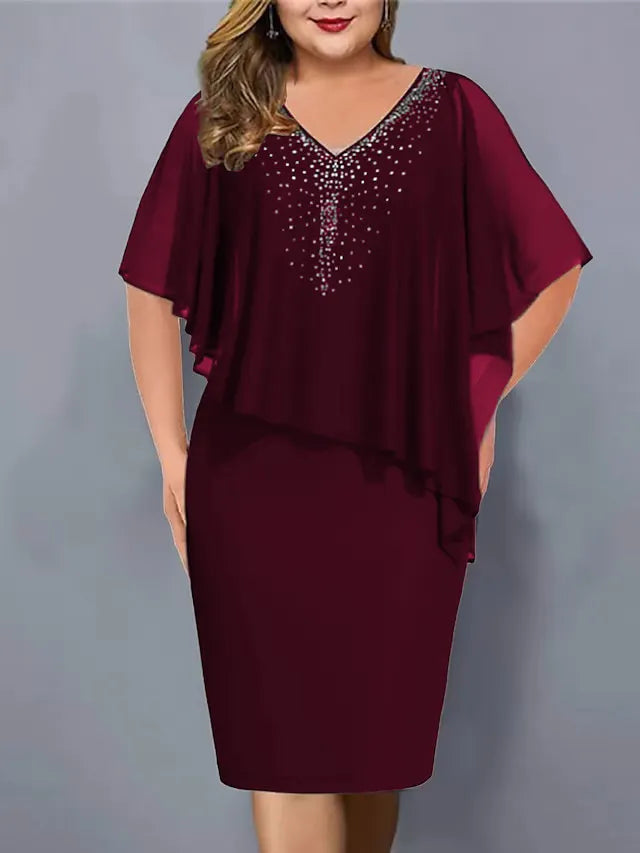 Vestido capa midi para mujer con strass y superposición de gasa