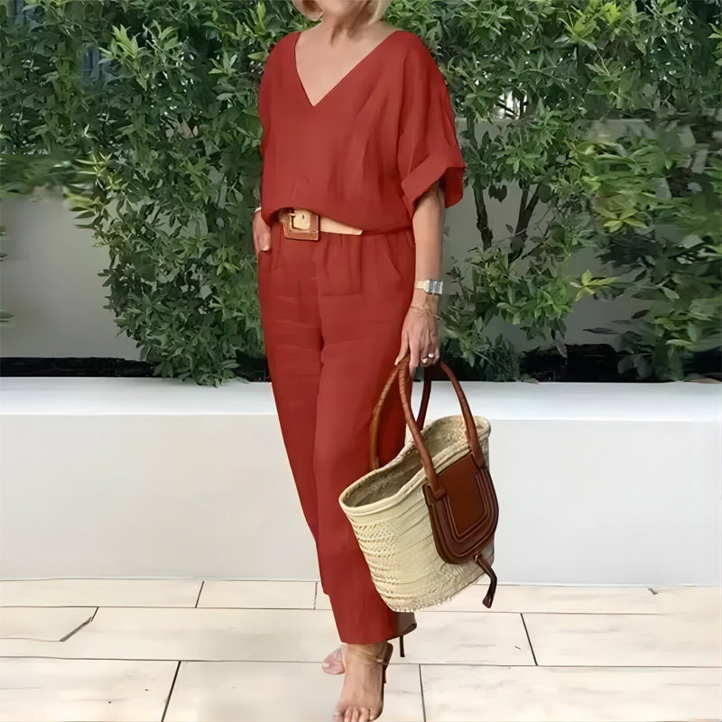 Conjunto mujer cuello V pantalón recto bolsillos casual chic