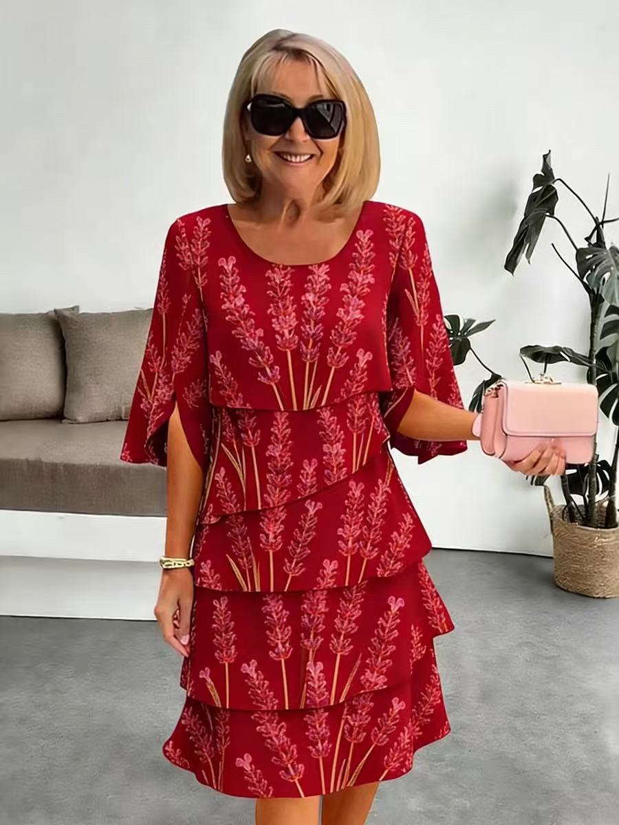 Vestido midi mujer estampado lavanda volantes escalonados mangas abiertas elegante