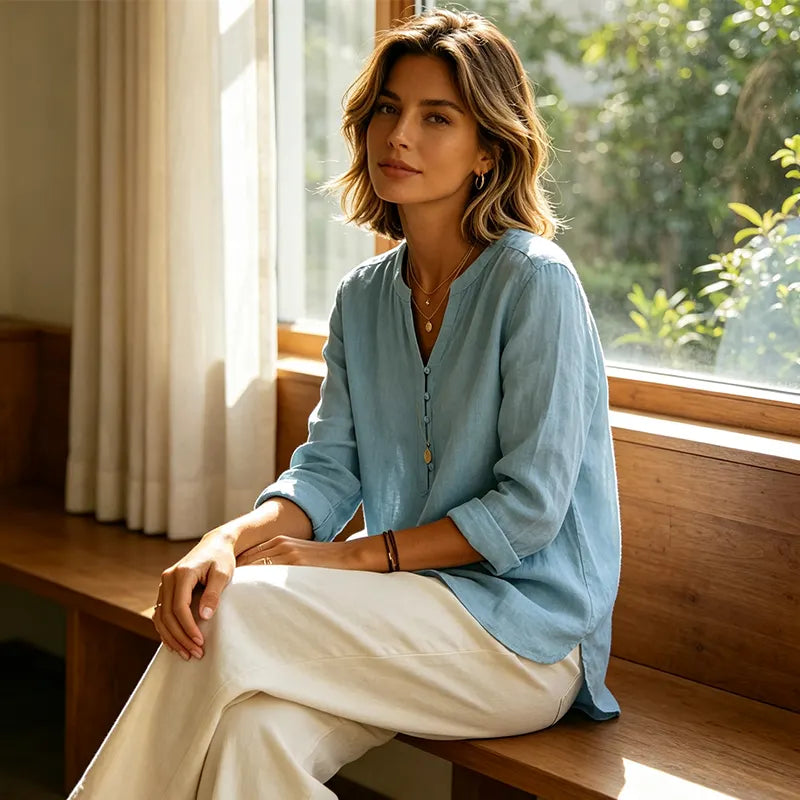Camisa mujer amplia con cuello en V y botones